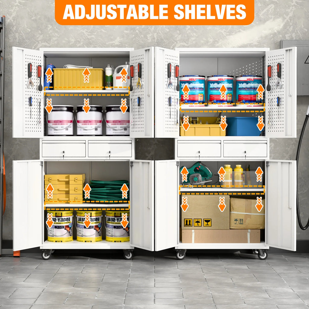SUPEER 71" Metal Storage Cabinets with Wheels and Pegboards, Industrial Cabinet with 2 Drawers and 2 Adjustable Shelves,, Assembly Required