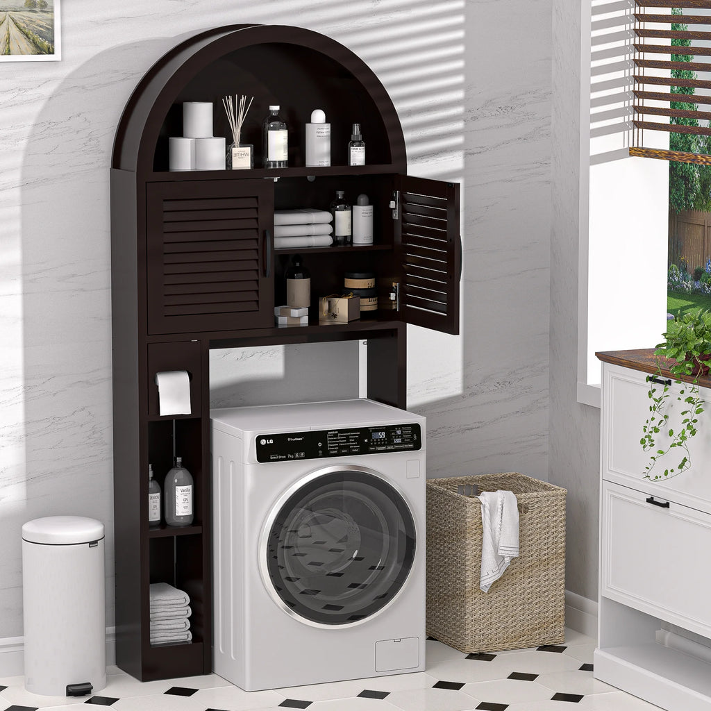 HARIPUL Over The Toilet Storage Cabinet w/ Unique Wood Grain & Arc Design, Freestanding Bathroom Shelf Organizer Space Saver w/ Doors & Anti-Tip Device, Wood Color