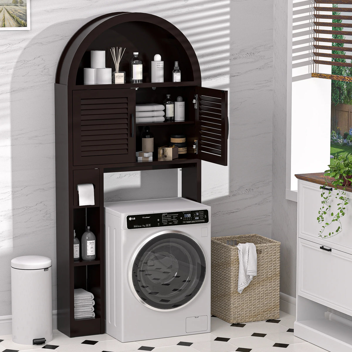HARIPUL Over The Toilet Storage Cabinet w/ Unique Wood Grain & Arc Design, Freestanding Bathroom Shelf Organizer Space Saver w/ Doors & Anti-Tip Device, Wood Color