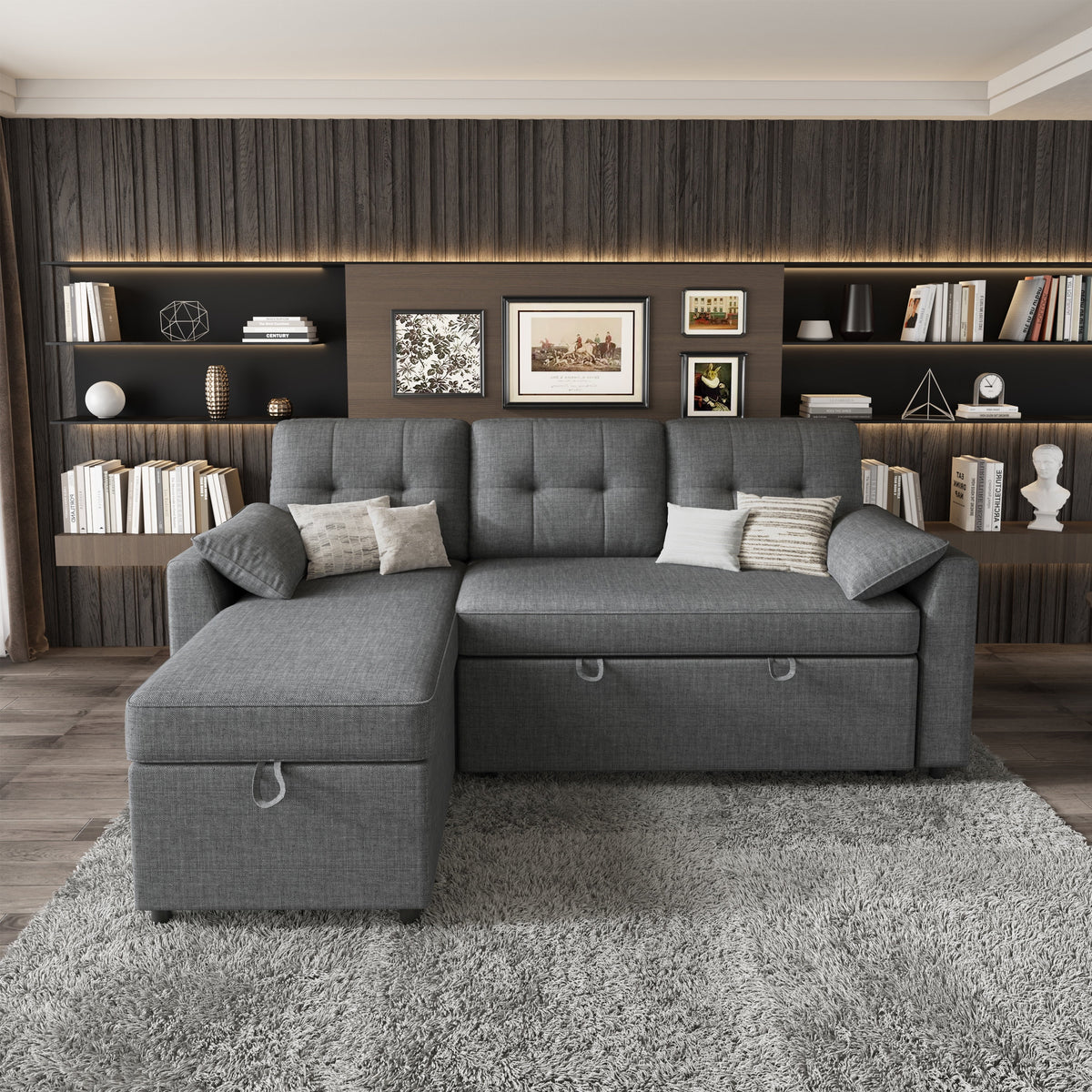 VANACC Sectional Sofa Bed with Storage and Soft Seat ,Reversible Pull Out Couch for Living Room,Beige