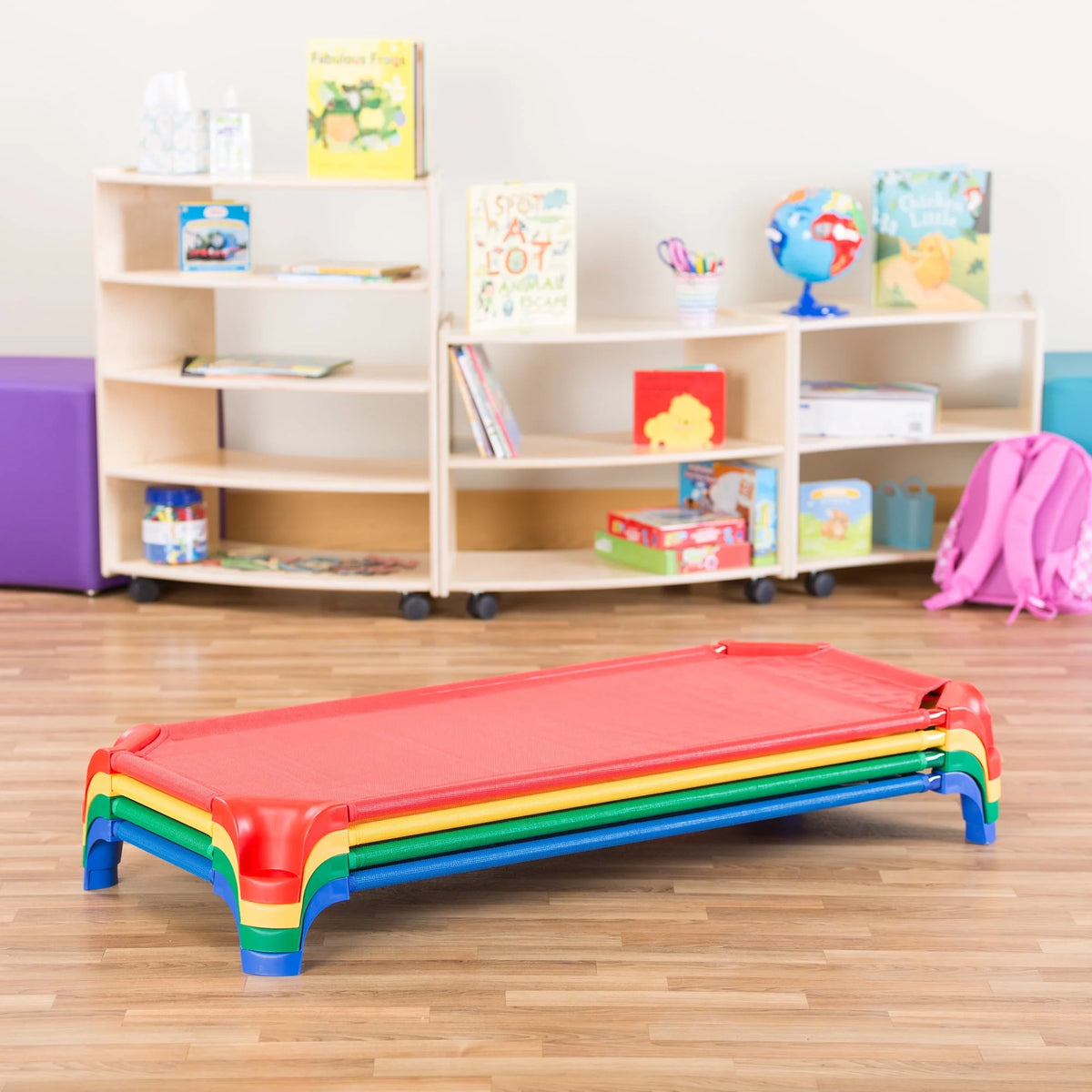 Sprogs SPG-16138-AS Deluxe Unassembled Stackable Daycare Cot Rest Mat with Easy Lift Corners, Standard 52" Length x 5" Height, Red,Green,Yellow, Blue (Pack of 4)