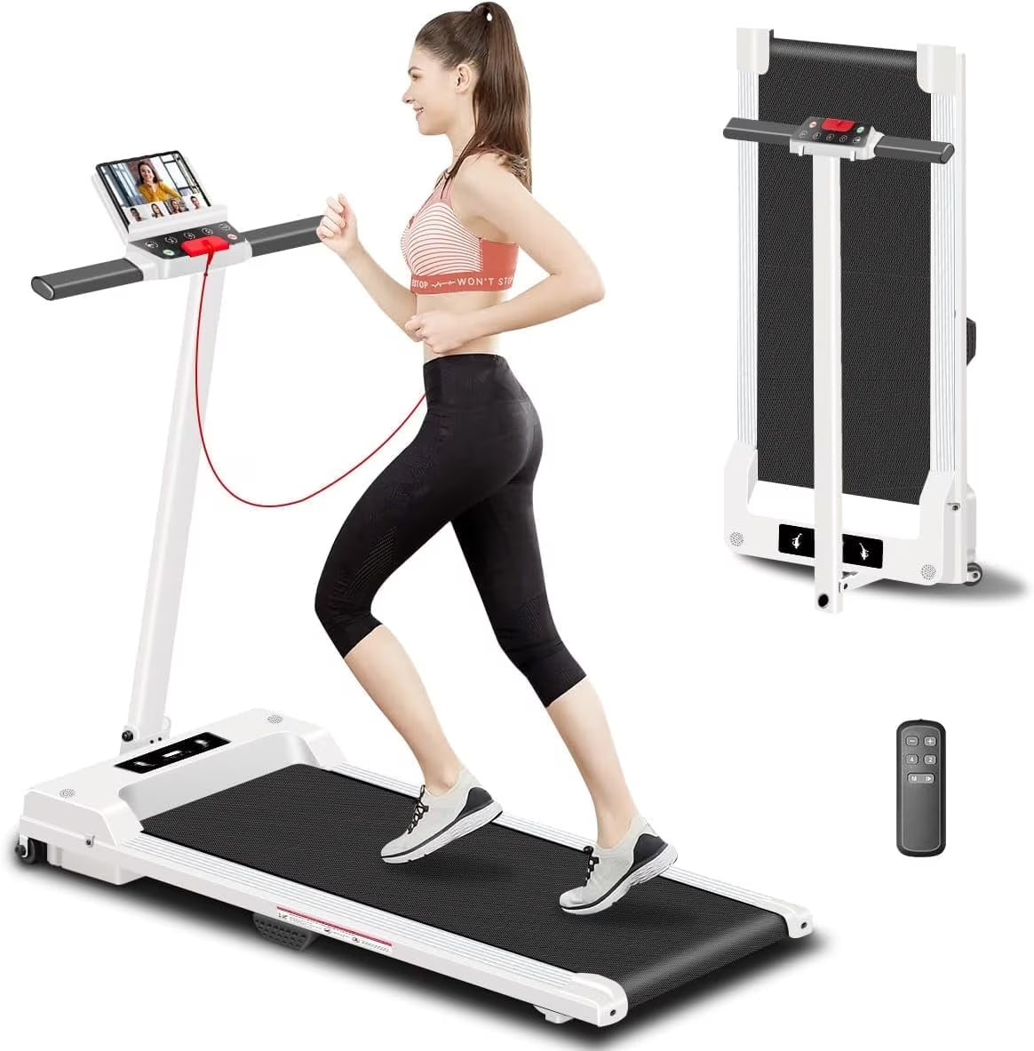 2 in 1 Walking Pad Treadmill, Foldable Treadmills with Handle Bar, 2.5HP Portable Folding Treadmill with Remote Control, Under Desk Treadmill for Home Office, 300lbs, Black