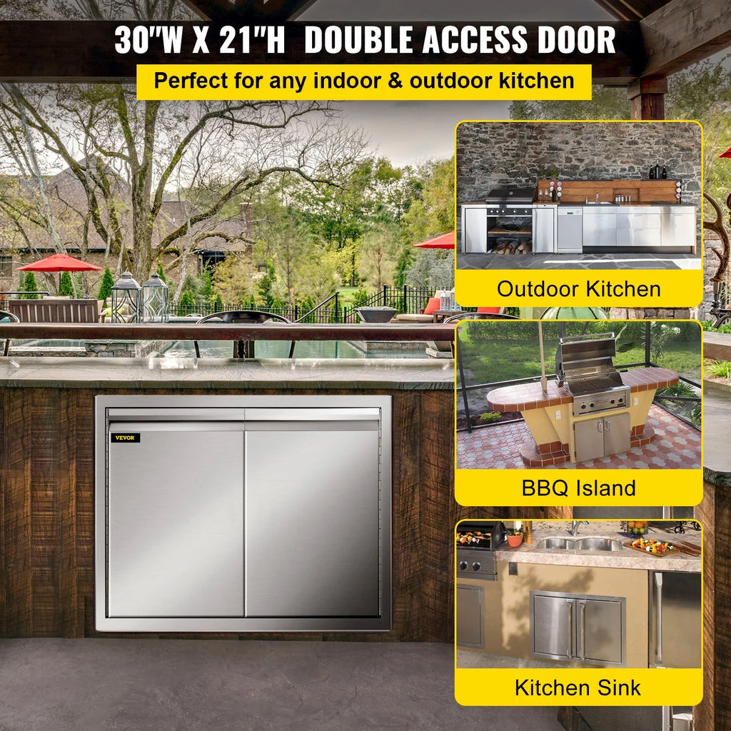 Double Access Door, 30''Wx21''H Outdoor Kitchen Door, Double Wall Stainless Steel Outdoor Cabinets with Hooks, Brushed Steel Access Door BBQ Doors, Easy to Install for BBQ Island Grill Station