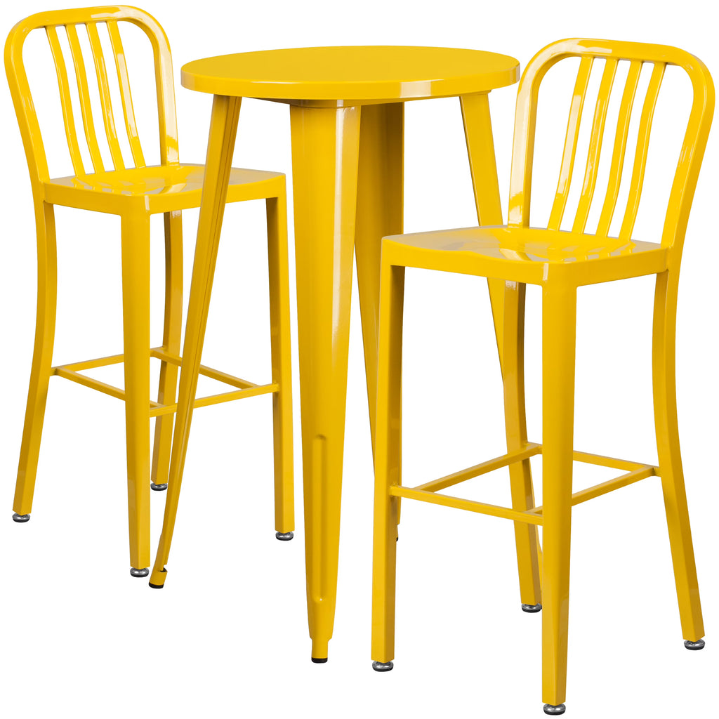 Flash Furniture Earl Commercial Grade 24" Round Silver Metal Indoor-Outdoor Bar Table Set with 2 Vertical Slat Back Stools