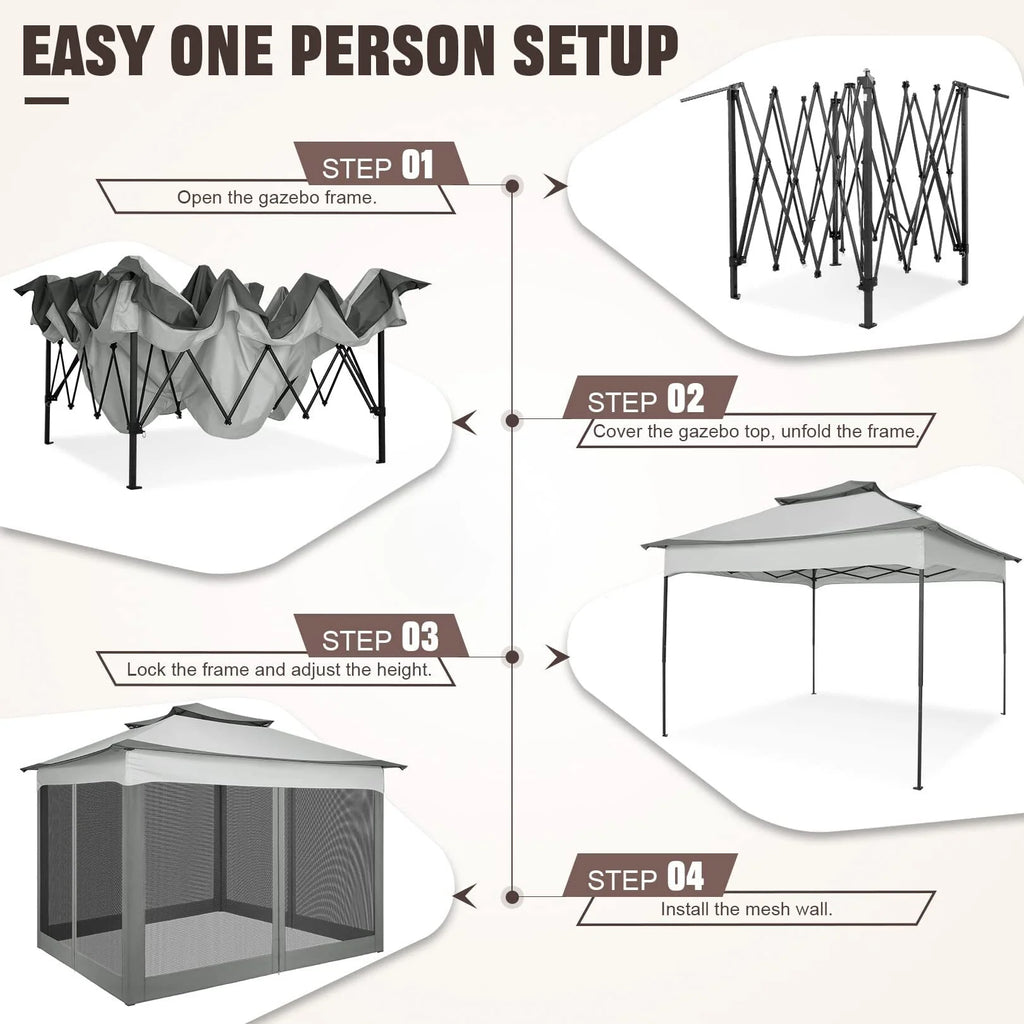 COBIZI 12x12 Outdoor Gazebo Pop Up Gazebo Canopy with Mosquito Netting Patio Tent Backyard Canopy with 2-Tiered Vented Top 3 Adjustable Height, Beige