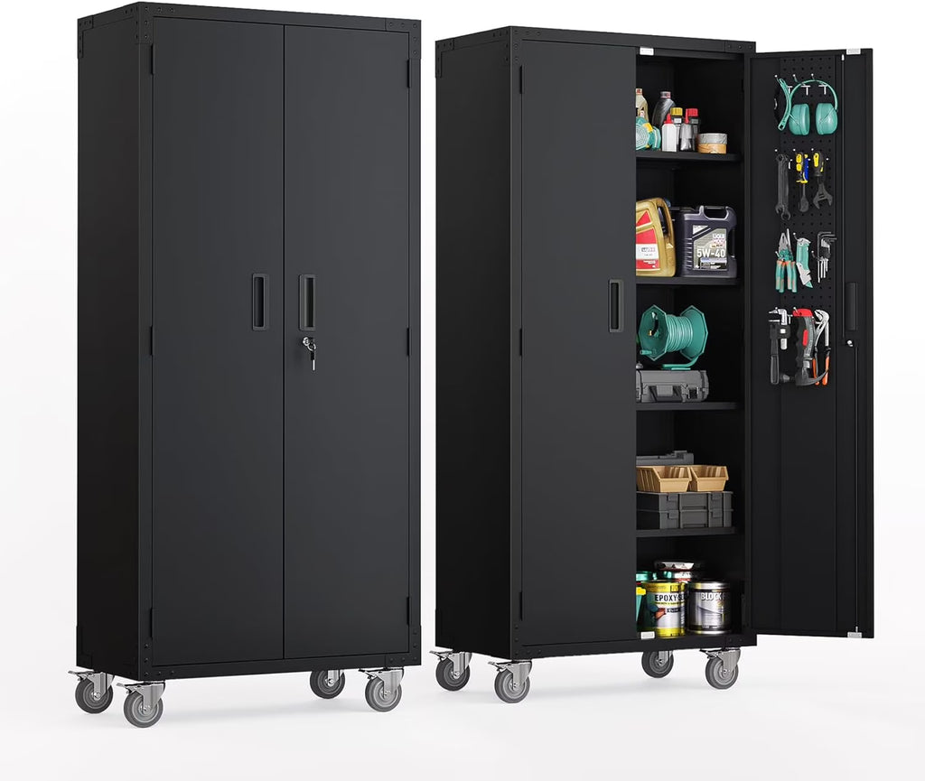 Ktaxon 72''H Garage Storage Cabinet with Pegboards, Metal Storage Cabinet with Wheels, Locking Doors and Adjustable Shelves, Black
