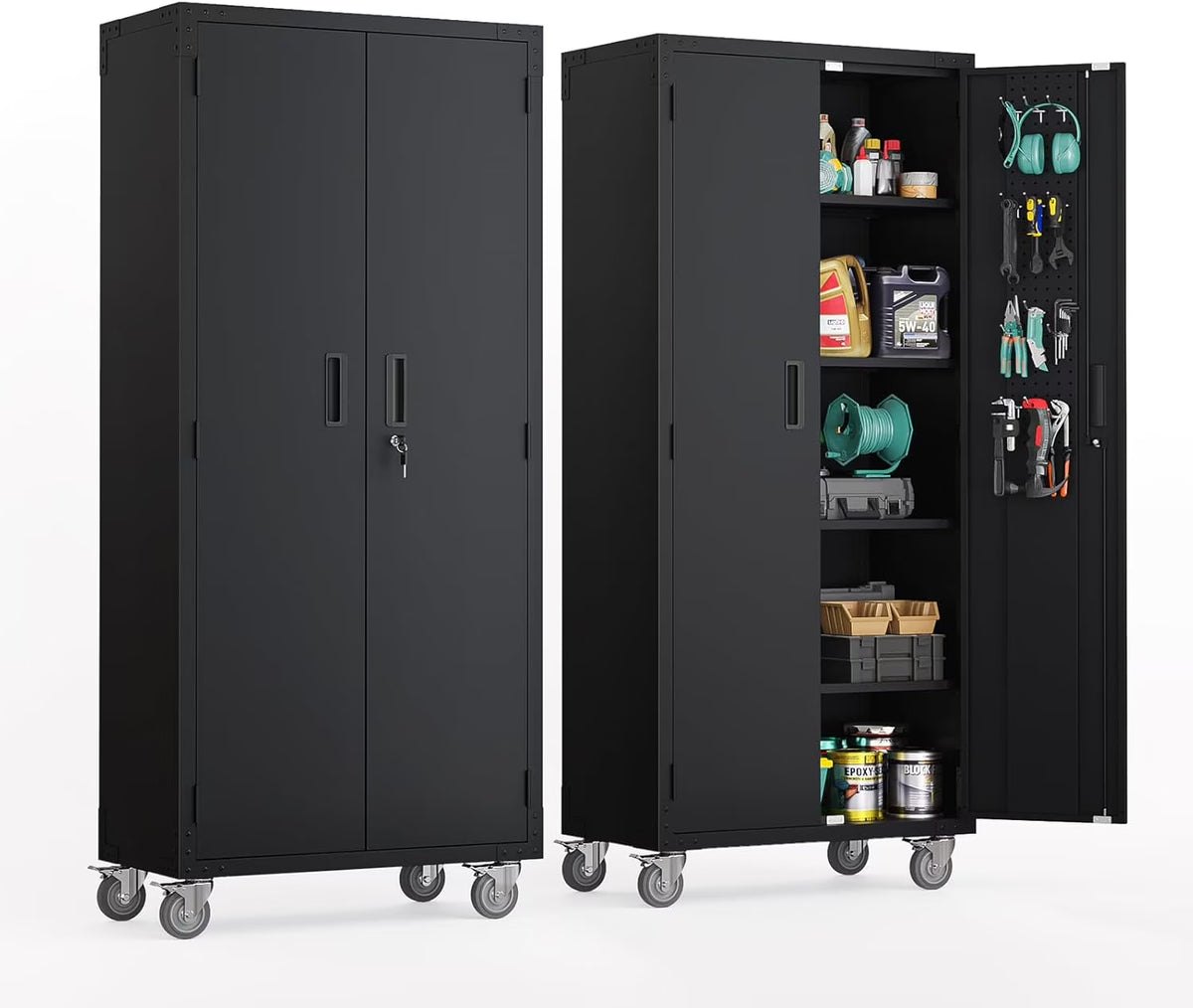 Ktaxon 72''H Garage Storage Cabinet with Pegboards, Metal Storage Cabinet with Wheels, Locking Doors and Adjustable Shelves, Black