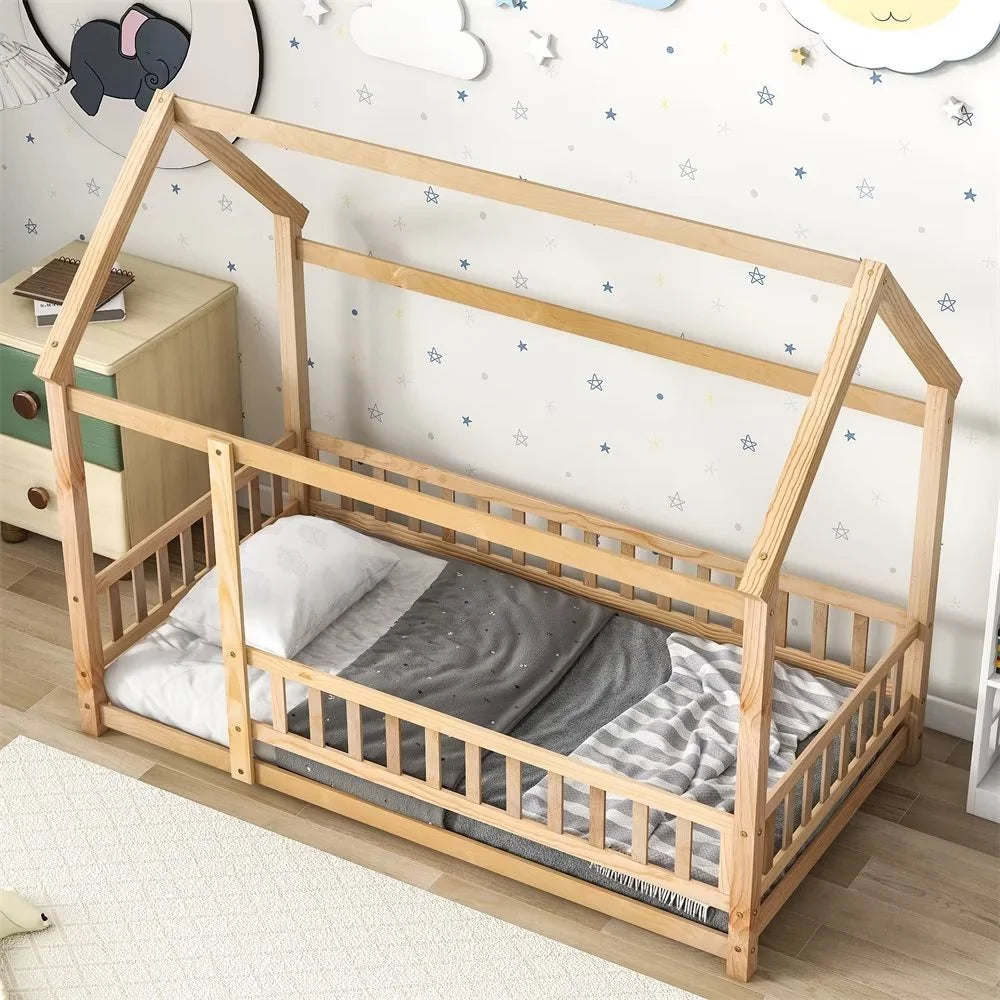 Twin Size House Bed for Boys and Girl, Wooden Canopy Bed Tent Bed, Playhouse Design Bed Frame with Full-lenth Guardrail, Bedroom Furniture, 79.5��L x 44.8��W x 66.2��H, White