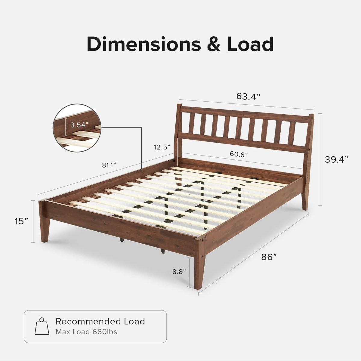 Mopio Ted Queen Bed Frame with Headboard, Full Size Bed Frame, Mid Century Modern Acacia Solid Wood Platform Bed Frame, Wooden Bed Slats, No Box Spring Needed, Double Metal Bar Support, Walnut