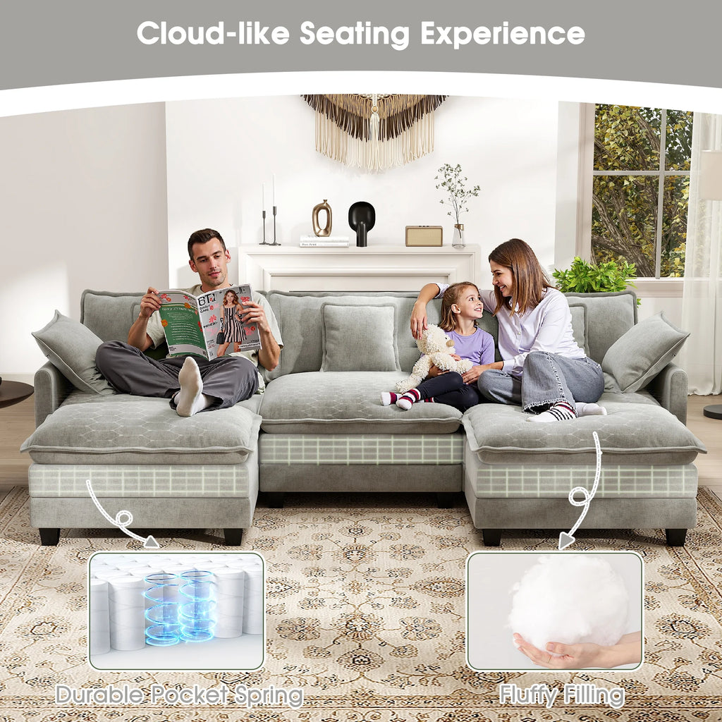 BedLuxury 111.5'' Modular Sectional Sofa with Movable Ottomans, U Shaped Cloud Couch for Living Room, 3-Seat, Grey