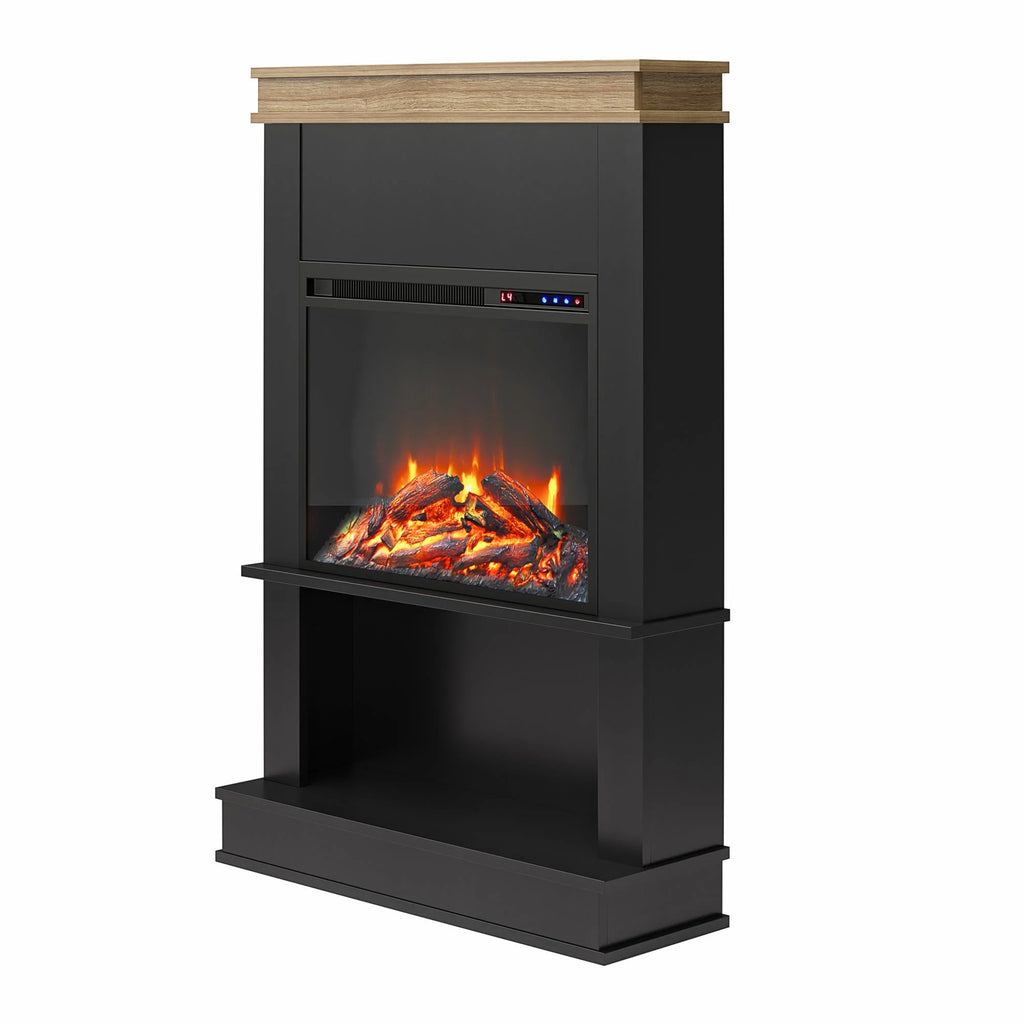 Mateo Electric Fireplace with Mantel and Open Shelf, Black with Natural