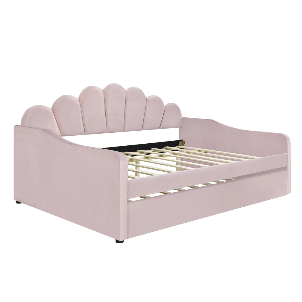 EUROCO Upholstery Full Size Platform Bed, Upholstered Daybed with Headboard and Trundle, Beige