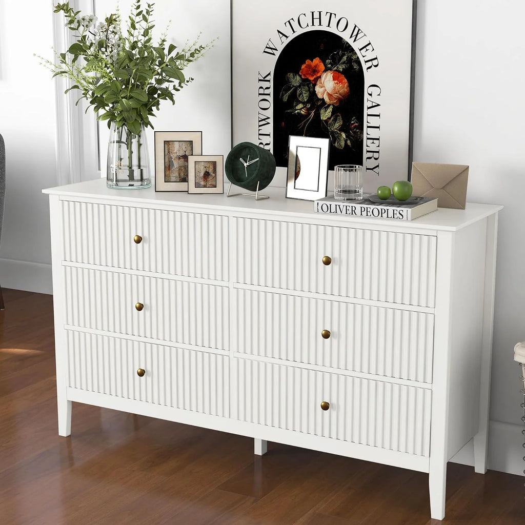 Heynemo Beige 6 Drawer Dresser, Fluted Modern Wood Chest
