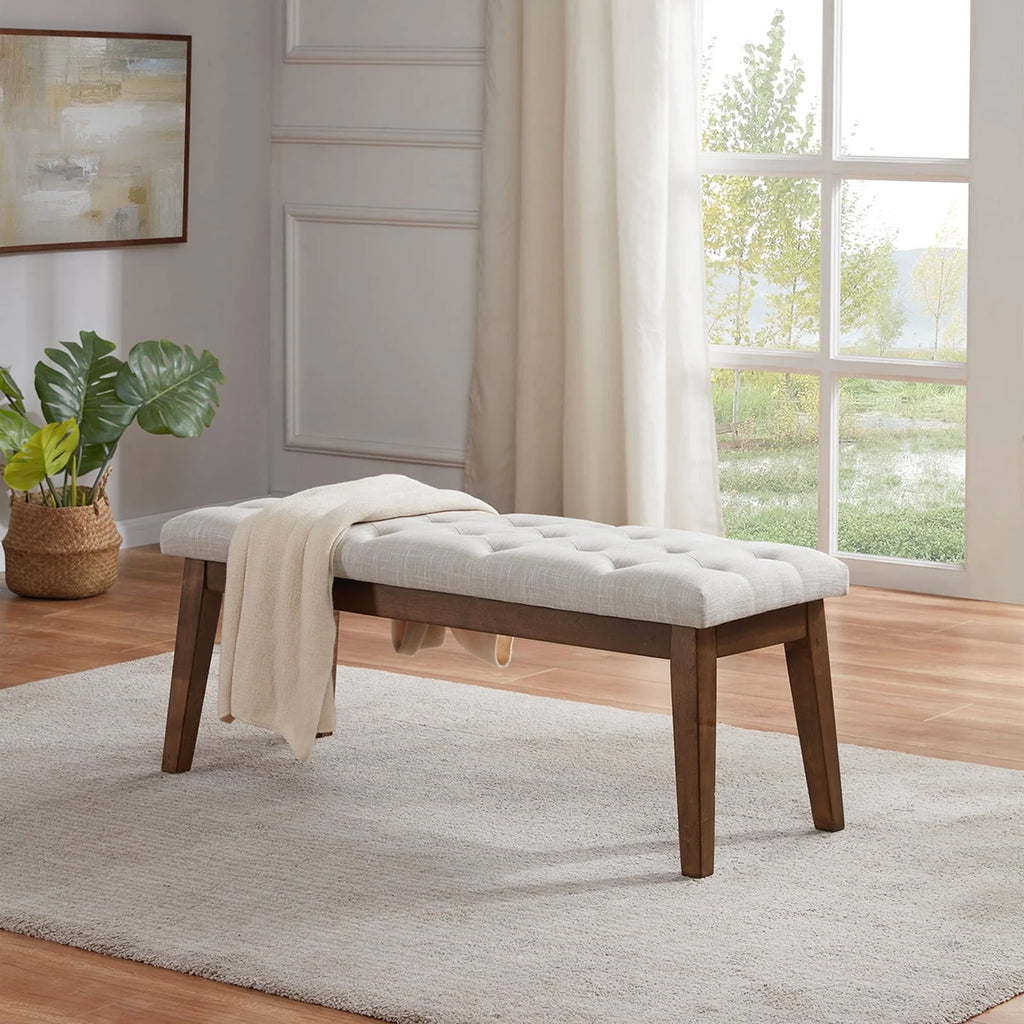 HUIMO Button-Tufted Bench for End of Bed, Entryway Bench with Upholstered Linen Fabric, Ottoman Bench for Living Room,Dining Bench for Kitchen(Beige)