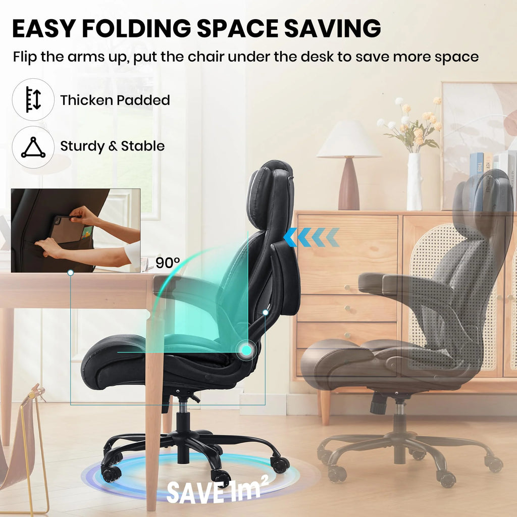 HomeZeer Executive Office Chair, Big and Tall Home Office Chairs 400lbs, High Back Executive Office Chair with Adjustable Flip up Arm, Wide Seat Leather Desk Computer Chairs, Black