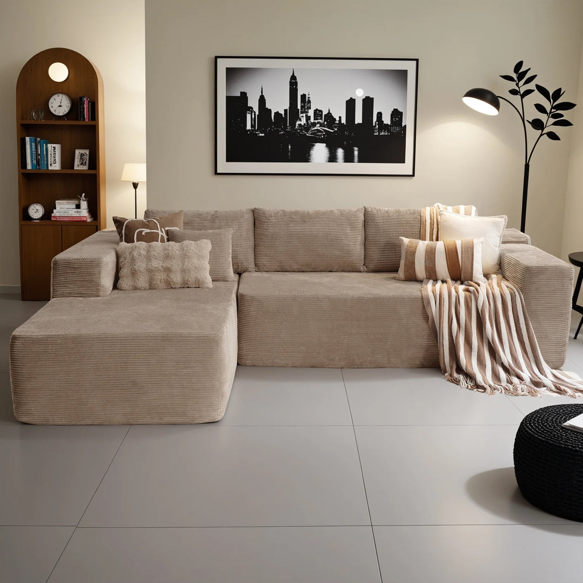 Ovios 106" L-Shaped Sectional Sofa Modern Modular Cloud Couch with Deep Seating Upholstered Sofa for Living Room Bedroom, No Assembly Required, Black(Corduroy)