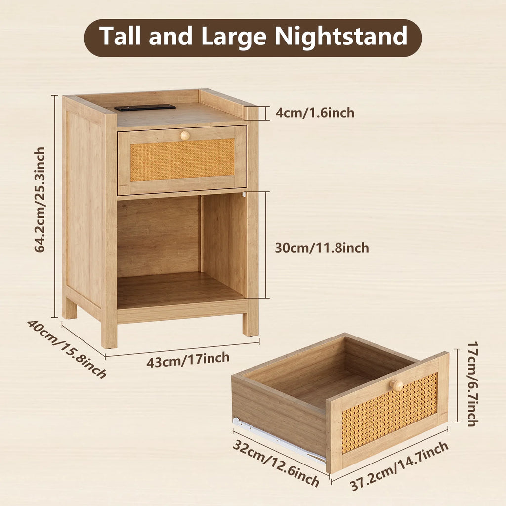 LGHM Nightstand Set of 2 with Charging Station, Farmhouse Bedside Tables Night Stands with Drawer, Boho Side Tables for Bedroom, Living Room, Oak