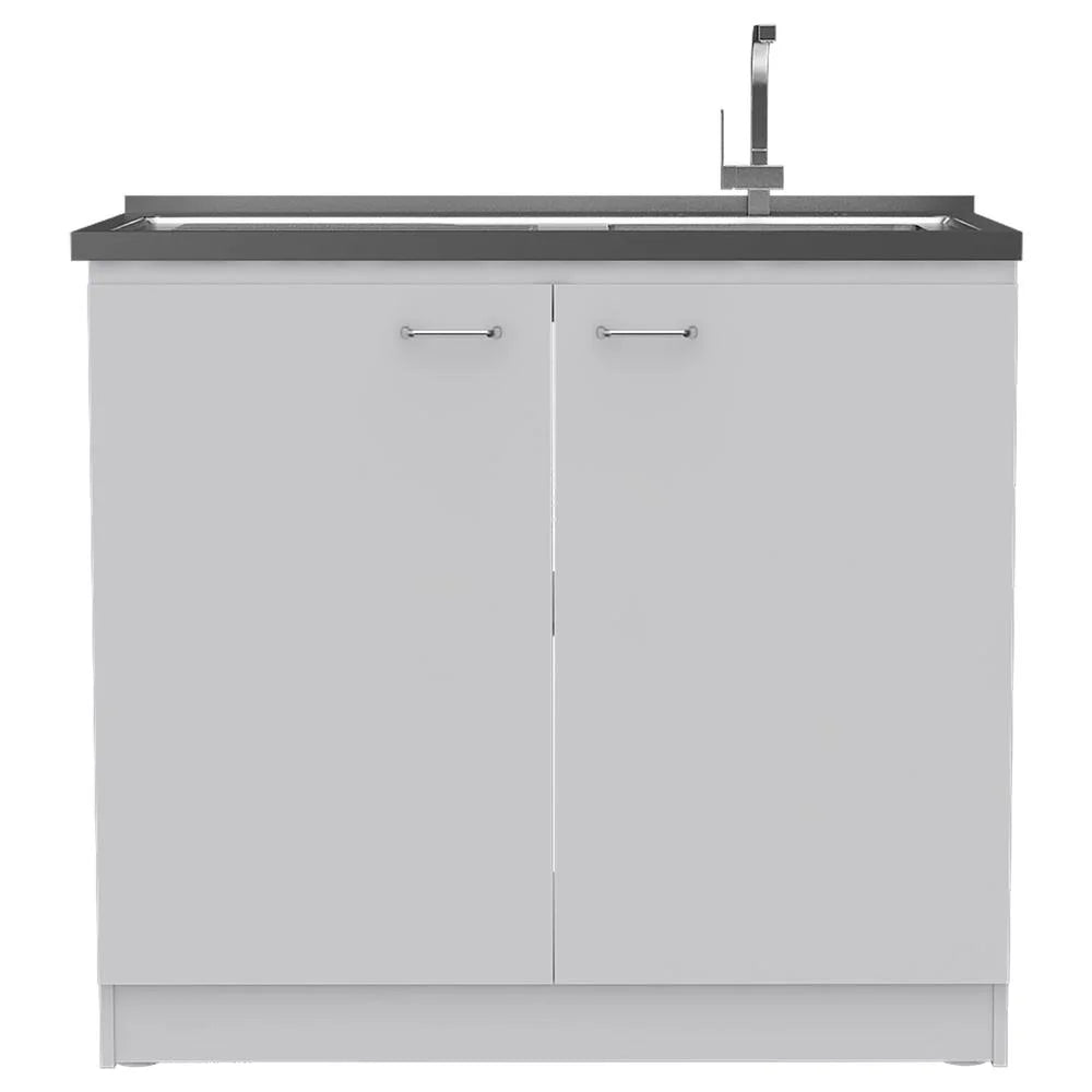 Depot E-Shop Salento Freestanding Sink With Double Door Cabinet, 2 Shelves, White/Light Oak