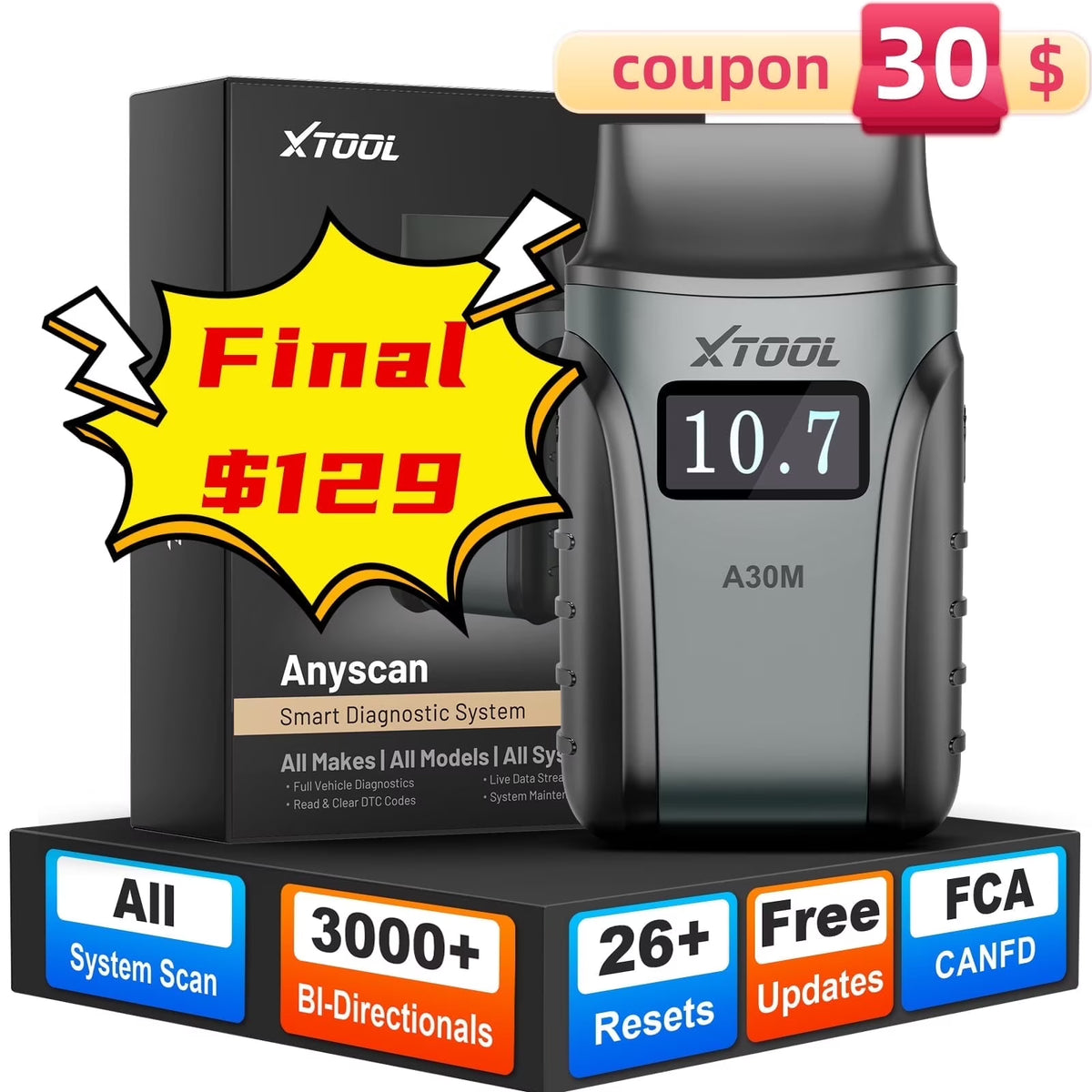 Wireless OBD2 Scanner XTOOL Anyscan A30M v2.0 Bluetooth Bidirectional Scan Tool Engine Code Reader 26 Resets Crank Relearn Free Updates