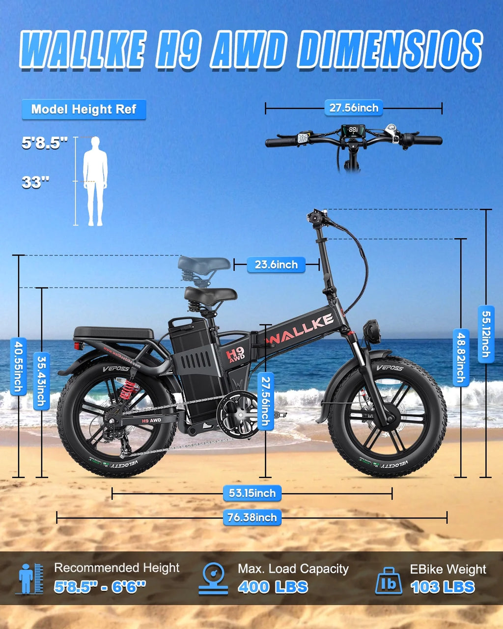 Wallke H9 AWD 3200W Dual Motor Electric Bike for Adult, 82Ah 48V Dual Battery Long Range e-Bicycle, 31-34MPH Fast Ebike, 20" Fat Tire Offroad Full Suspension Folding, 3mm Aluminum Alloy Frame,UL2849