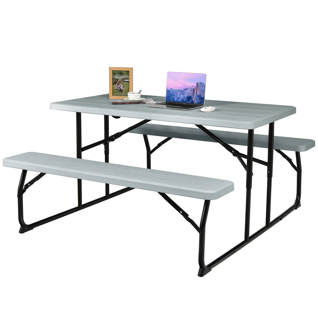 Costway Indoor & Outdoor Folding Picnic Table Bench Set w/ Wood-like Texture Grey
