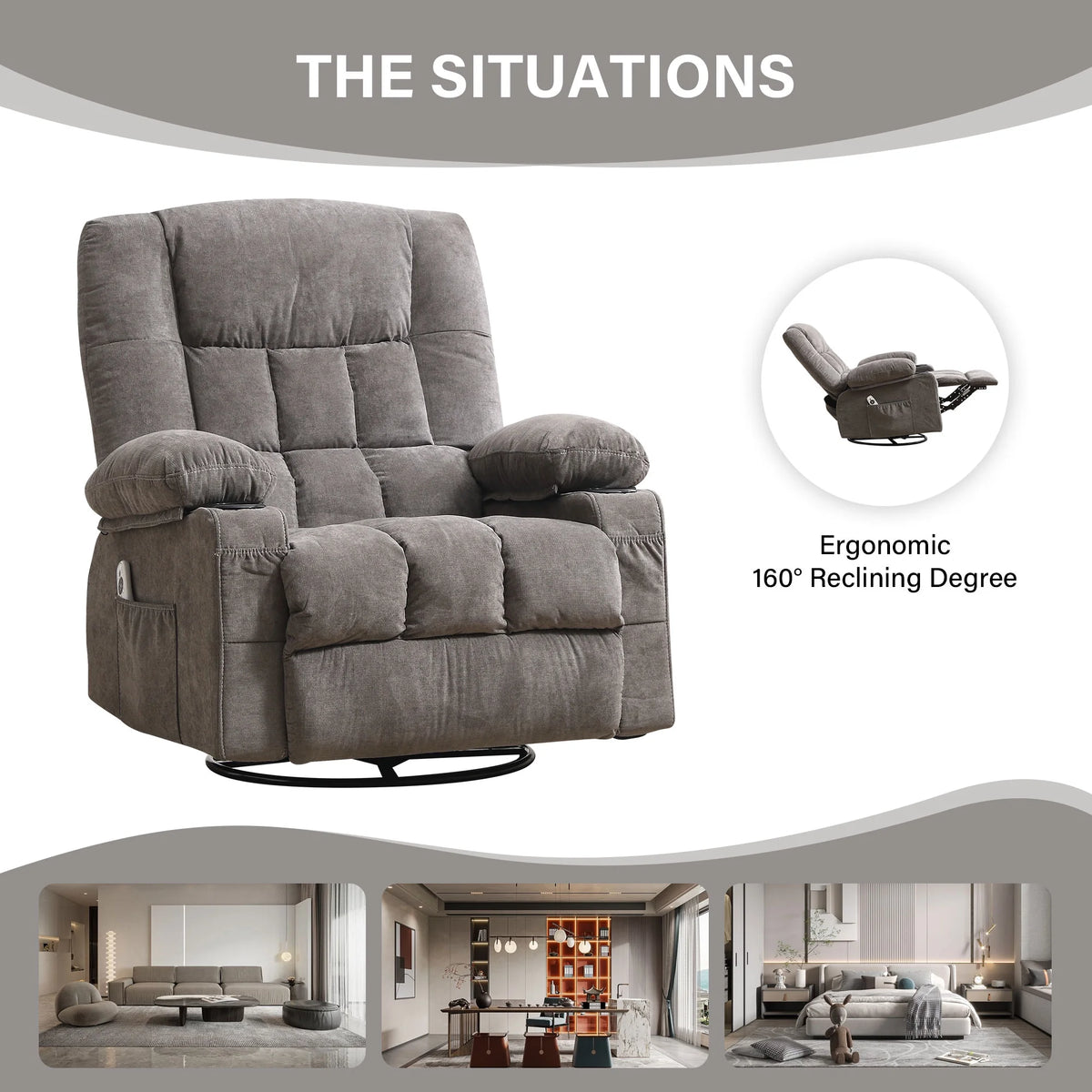 JONPONY Manual Recliner Chair with Heat Therapy and Massage Function, Heavy Duty Reclining Mechanism Massage Chair, Elderly Single Rocker Sofa with Cup Holders for Bedroom Home Theater,Blue