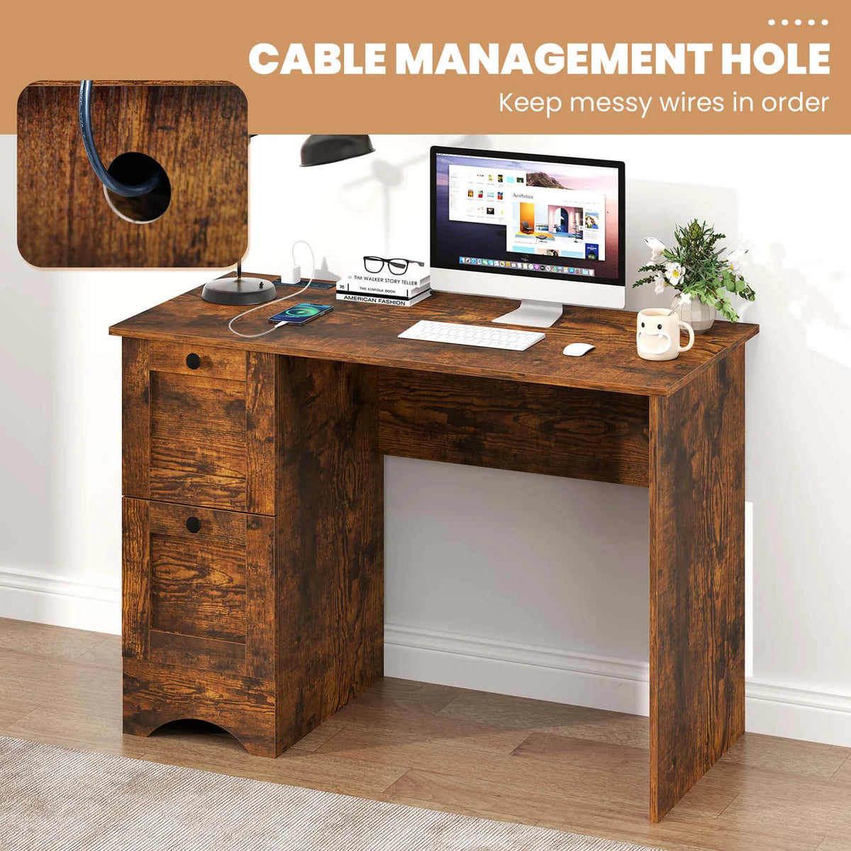 Costway 43" Home Office Desk with Charging Station Compact Study Writing Desk Walnut