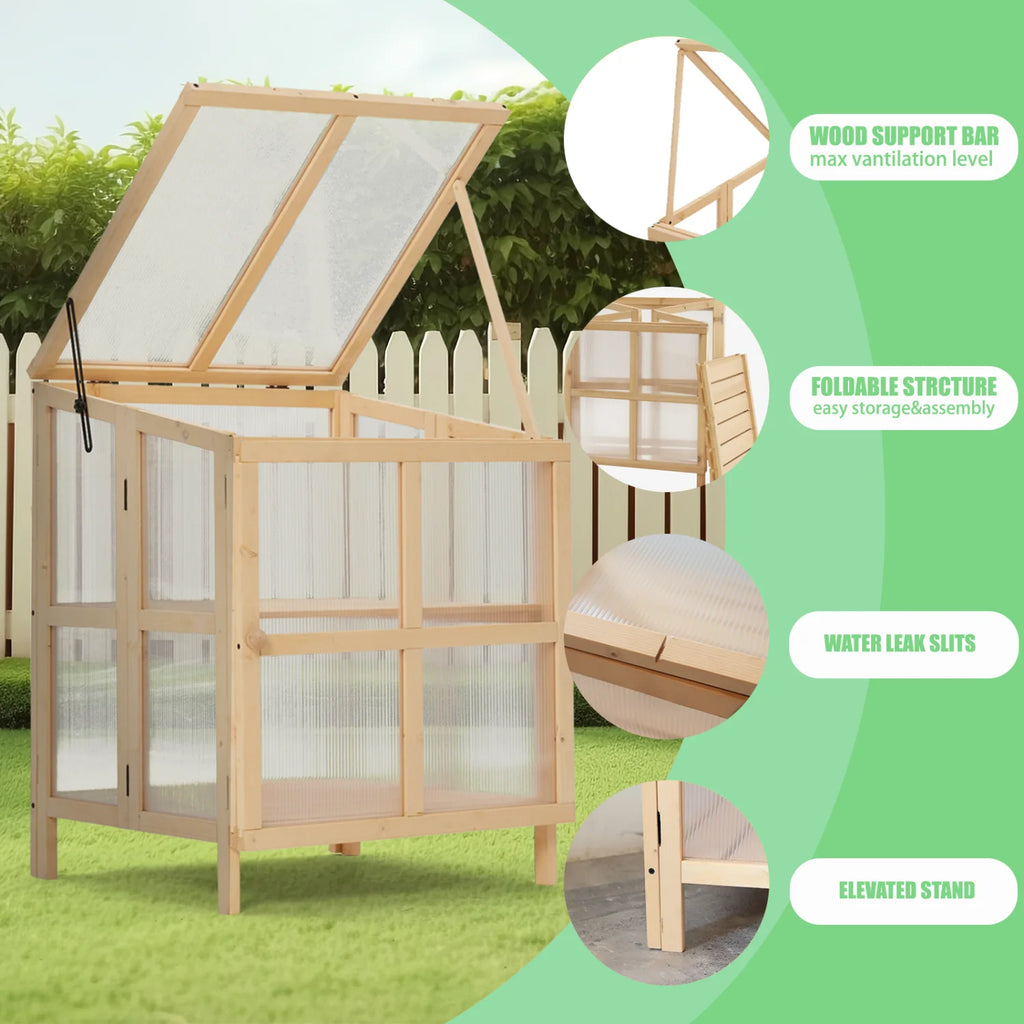 Youmumeub Wooden Cold Frame Greenhouse, 2-Tier Raised Garden Planter with Polycarbonate Panels for Season Extension, Foldable, Natural Wood