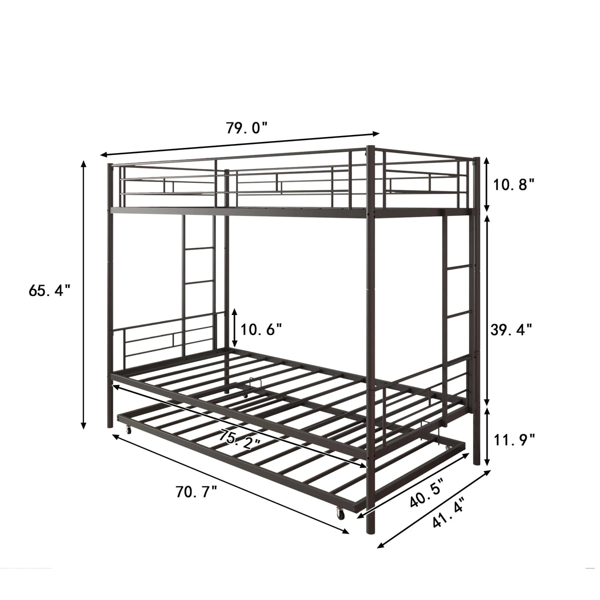 Seizeen Bunk Bed Twin Over Twin Size, Metal Triple Bunk Bed with Trundle, Black Heavy Duty Bunk Bed Frame Per Bed Up to 400LBS, 2 Side Ladders and All-round Safety Guard Rails