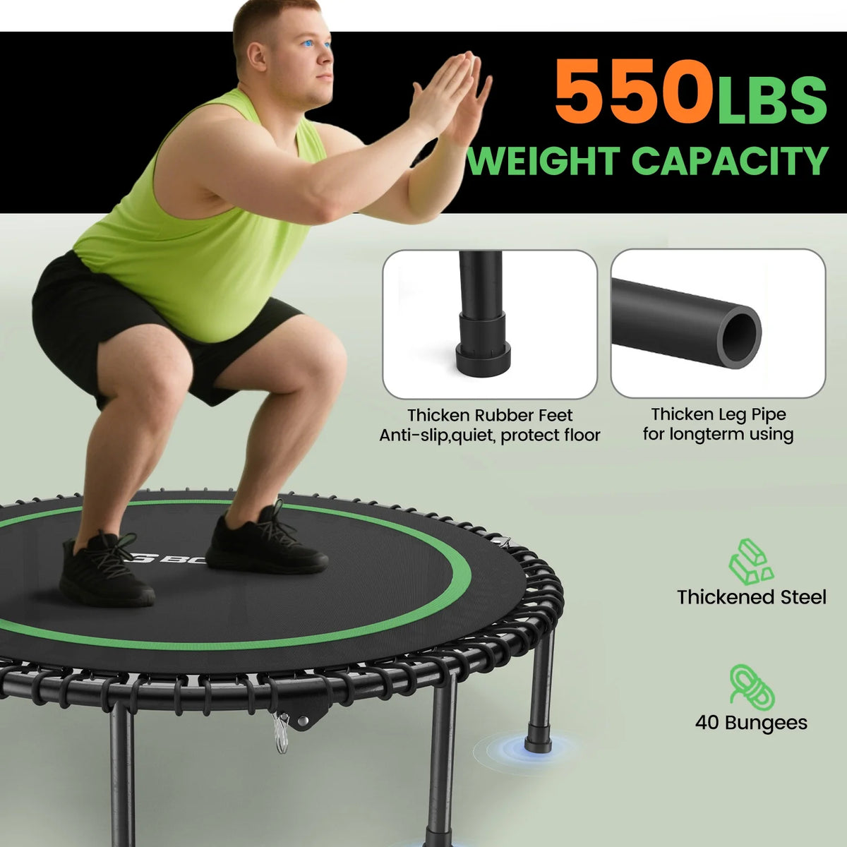 BCAN 450 LBS Foldable Mini Trampoline, 40" Fitness Trampoline with Bungees, Stable & Quiet Exercise Rebounder for Kids/Adults