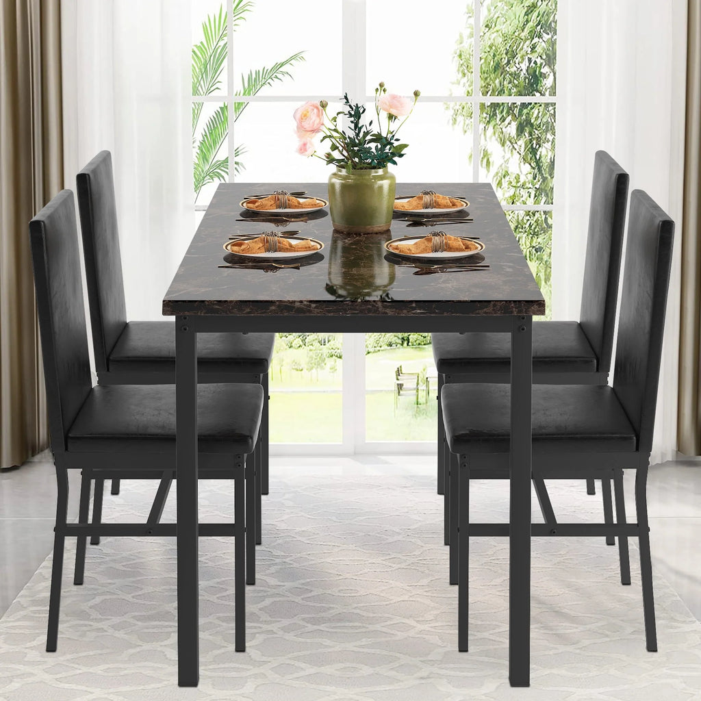 uhomepro 5-Piece Dining Room Table Set for 4 Person, Elegant Dining Table Set, Home Kitchen Table with 4 PU Leather Chairs and Metal Dining Room Modern Furniture