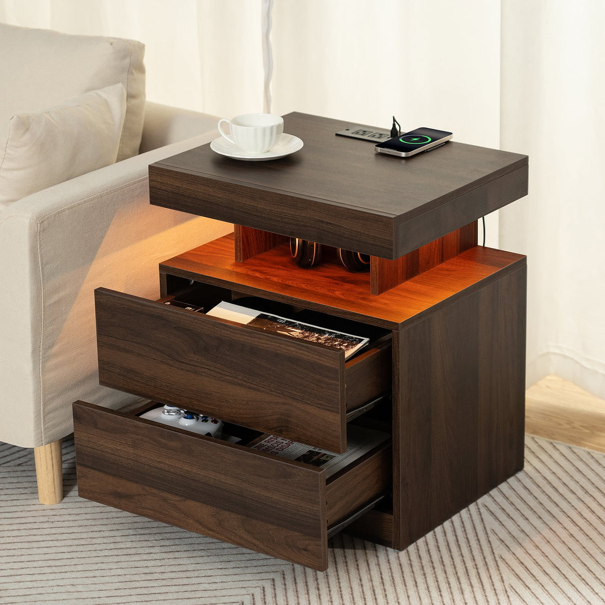 Hommpa LED Nightstand with Wireless Charging Station Modern Nightstand Type C USB Port 2 Drawers Bedside Table Black Smart Night Table High Gloss End Side Table for Bedroom Furniture 22.3" Tall