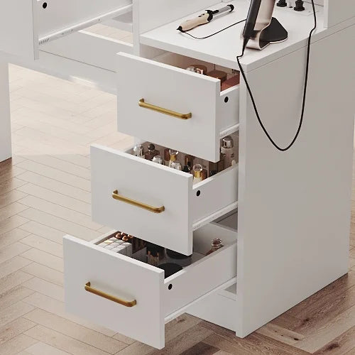 UGTOO 58.3" White Vanity Desk with Mirror, Adjustable Lighting, Power Outlet, Drawers, with Stool