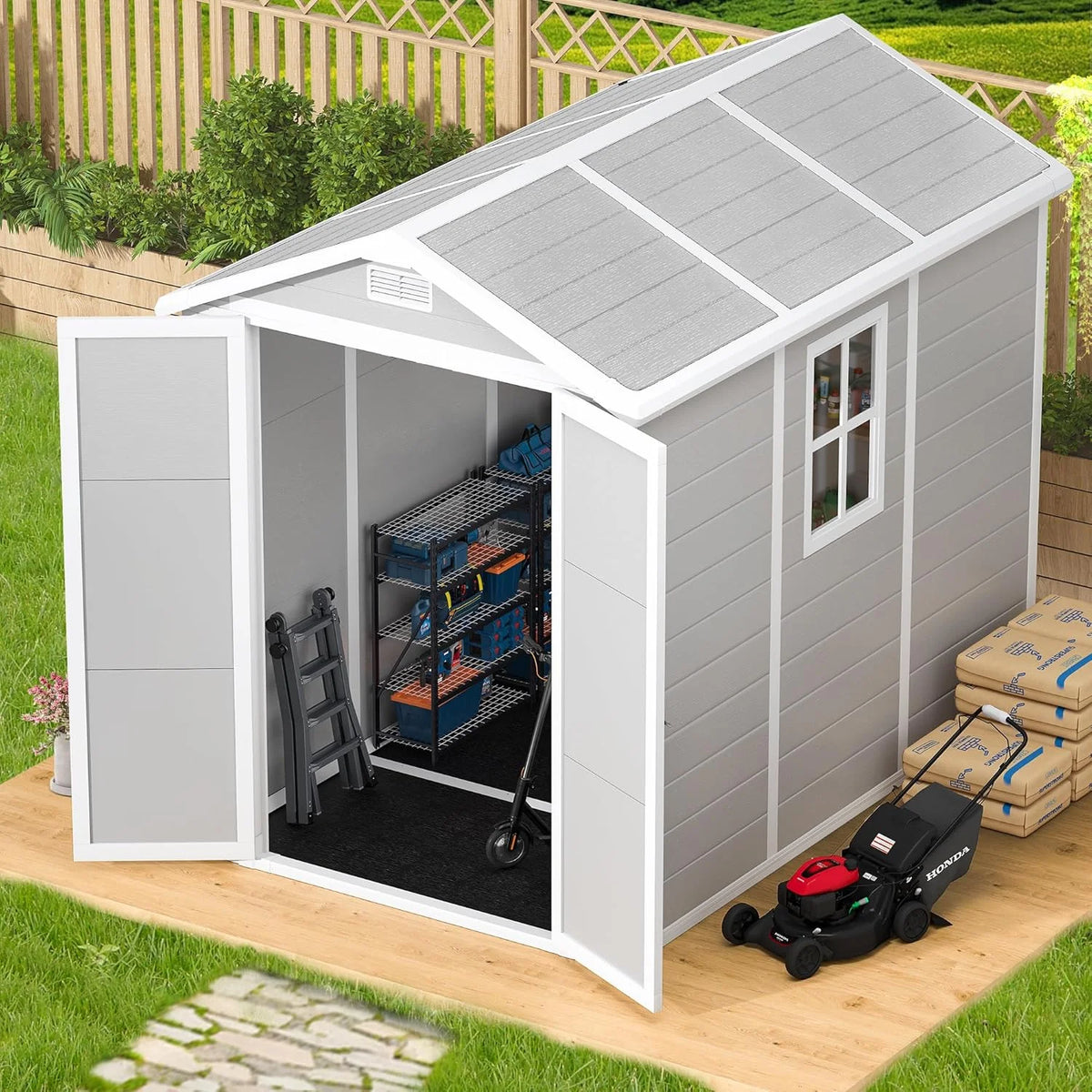 9 x 5.8 FT Outdoor Storage Shed, Linor Resin Shed with Floor, Window, and Vents, Weather-Resistant Garden Shed for Garden Tool Outside Sheds, Bike Shed, Backyard Shed