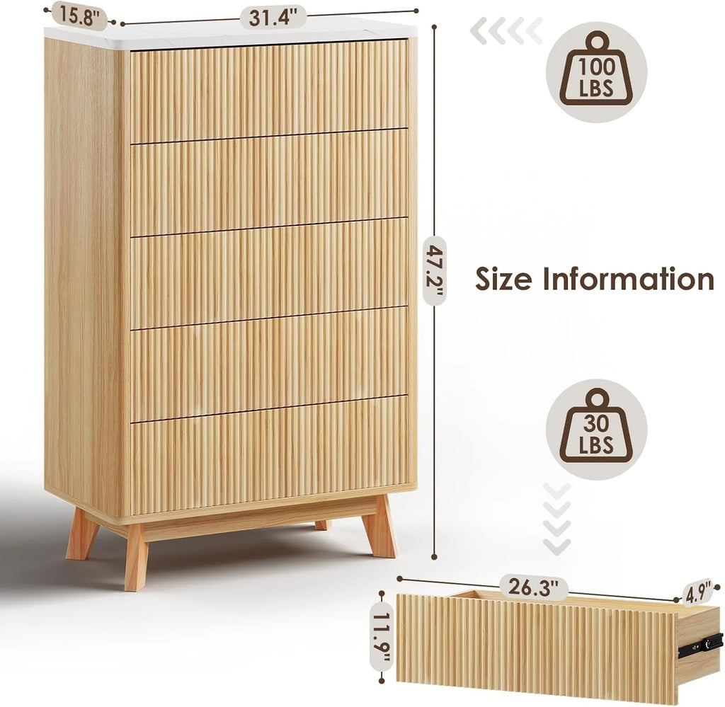 Selooye Fluted 5 Drawers Dresser, 47" Tall Modern Chest of Drawers with Faux Marble Top, Curved Profile Design, Wood Drawer Organizer for Bedroom, Living Room, Hallway, Entryway, Natural Oak