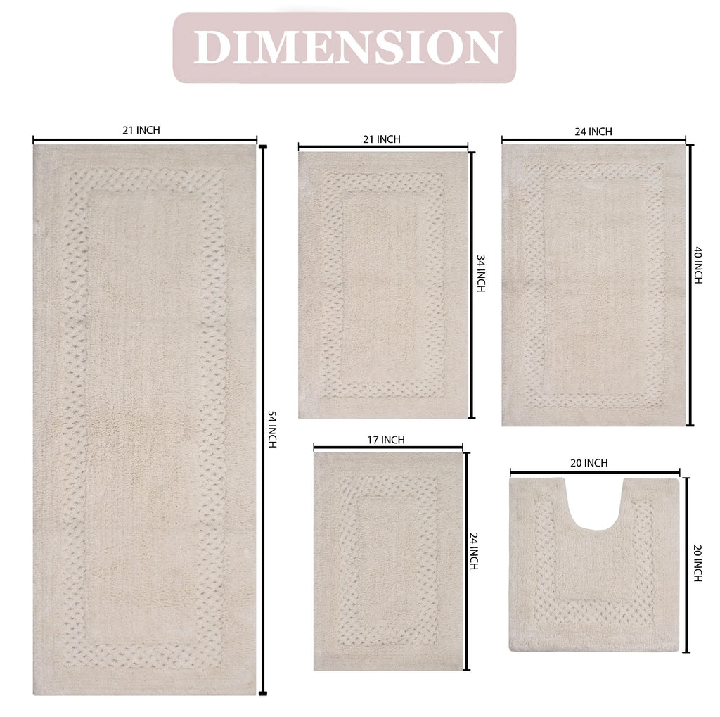 Home Weavers Inc Classy Bathmat Collection 100% Cotton Non-Slip Bathroom Rug Set, Machine Washable Bath Rug, 5 Piece Bath Mat Set with Contour Ivory