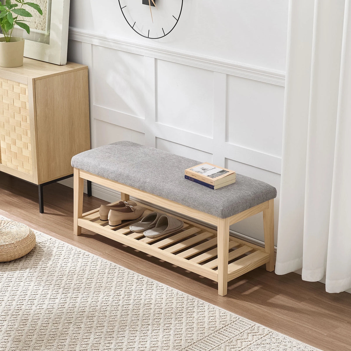 Zesthouse 42.9�?Shoe Bench with Storage, Entryway Bench for Living Room, Bedroom and Hallway, Linen Fabric Upholstered Bench with Solid Wood Shelf, Gray