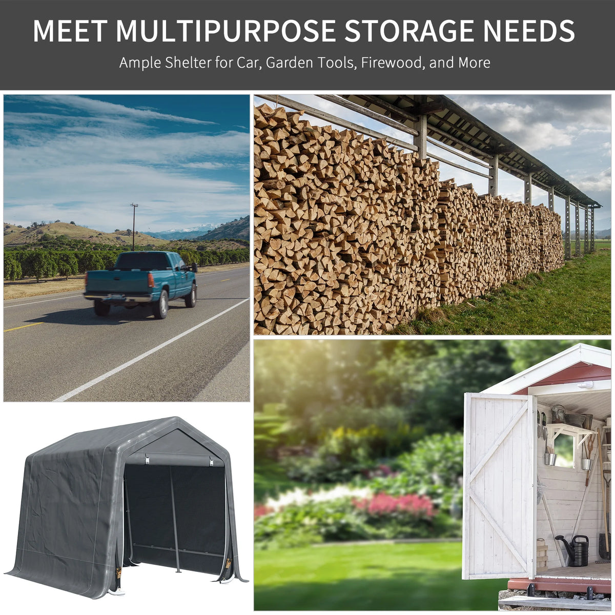 Outsunny 6'x8' Outdoor Storage Shelter with Rollup & Zipper Door, Heavy Duty Carport Shed for Motorcycle Garden Storage, Grey