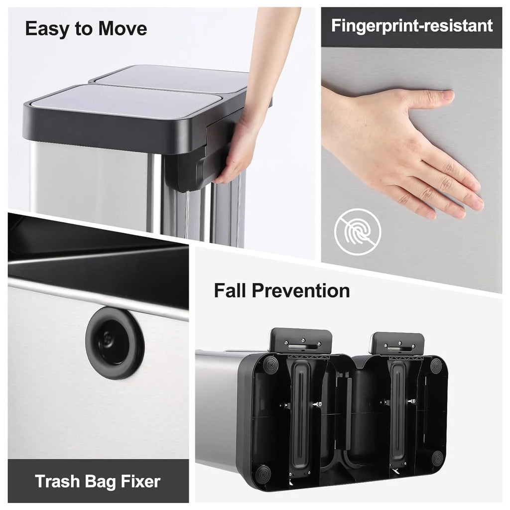 16 Gallon/ 60L Dual Kitchen Trash Can, 2x8 Gallon Stainless Steel Double Garbage Can with Inner Bucket, Two Compartment Step Recycle Bin with Soft-Close Lid for Kitchen, Office