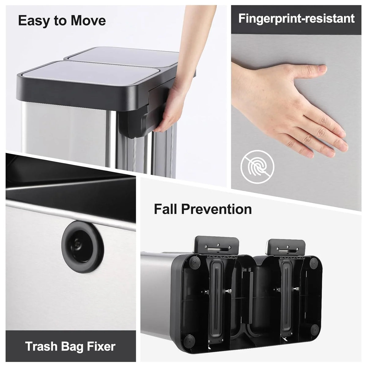 16 Gallon/ 60L Dual Kitchen Trash Can, 2x8 Gallon Stainless Steel Double Garbage Can with Inner Bucket, Two Compartment Step Recycle Bin with Soft-Close Lid for Kitchen, Office