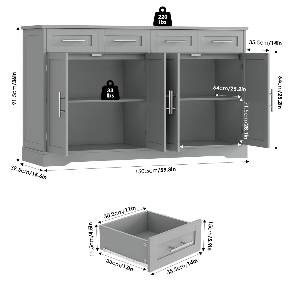 Homfa Farmhouse Buffet Cabinet with 4 Drawers and 4 Doors, 59" W Sideboard Buffet Storage Cabinet with Shelves, for Kitchen Living Room Bedroom, Wash Gray