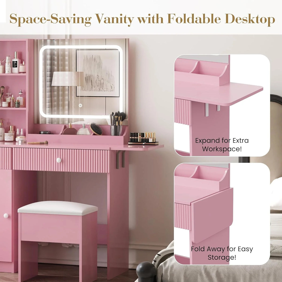 M optimized Vanity Desk with Mirror and Lights, Power Outlets Makeup Table with Drawers & Cabinet, Storage Stool, Dressing Table for Bedroom