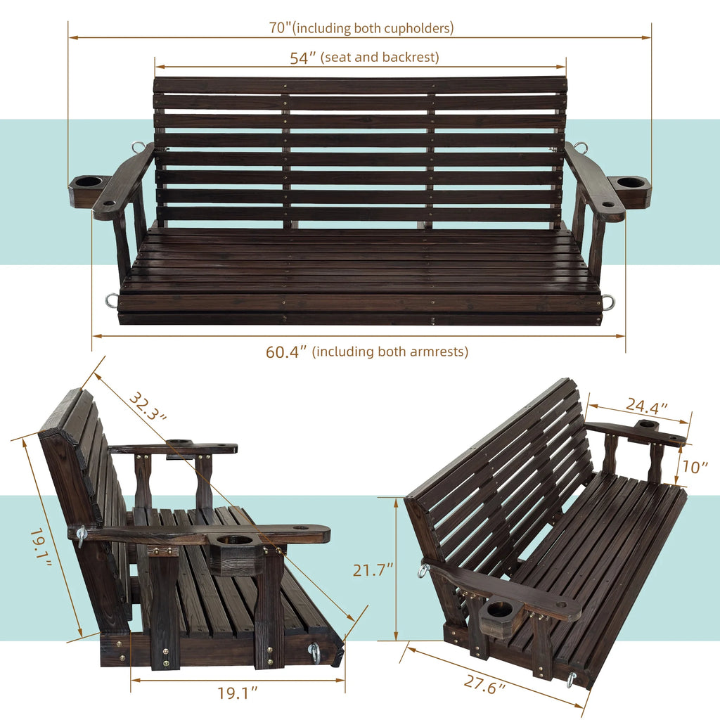 Fortune Candy 3 Person Outdoor Wood Hanging Swing, Heavy Duty 880 lbs Wood Porch Swing, Brown-5ft