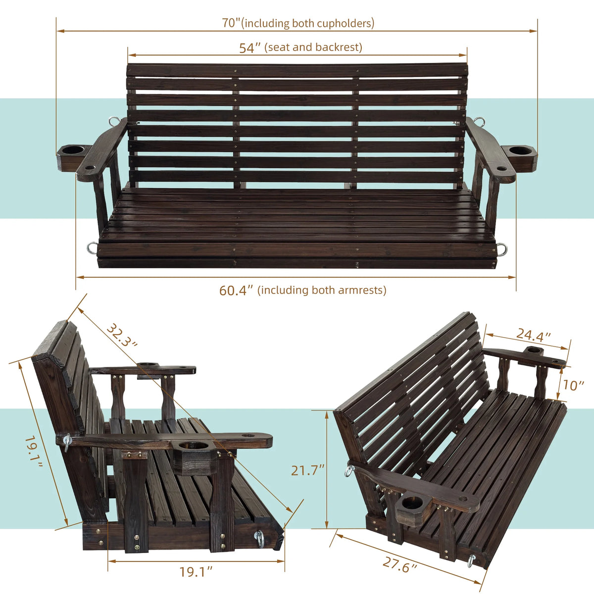 Fortune Candy 3 Person Outdoor Wood Hanging Swing, Heavy Duty 880 lbs Wood Porch Swing, Brown-5ft
