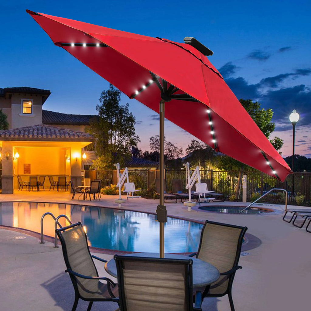 EliteShade Sunbrella Solar Umbrellas 9ft Market Umbrella with 80 LED Lights Patio Umbrellas Outdoor Table Umbrella with Ventilation and 5 Years Non-Fading Top,Ruby