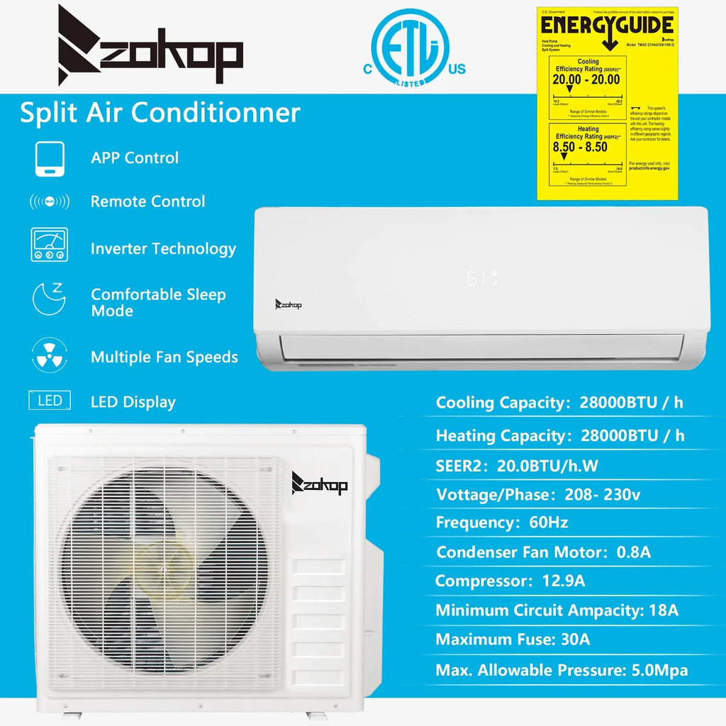 Ktaxon 2 Zone 9000 + 9000 BTU WIFI Mini Split AC/Heating System, 19 SEER2 Dual Zone 18000 BTU Ductless Split Air Conditioner with Pre-Charged Condenser, Heat Pump & 25Ft Installation Kit, 208-230V