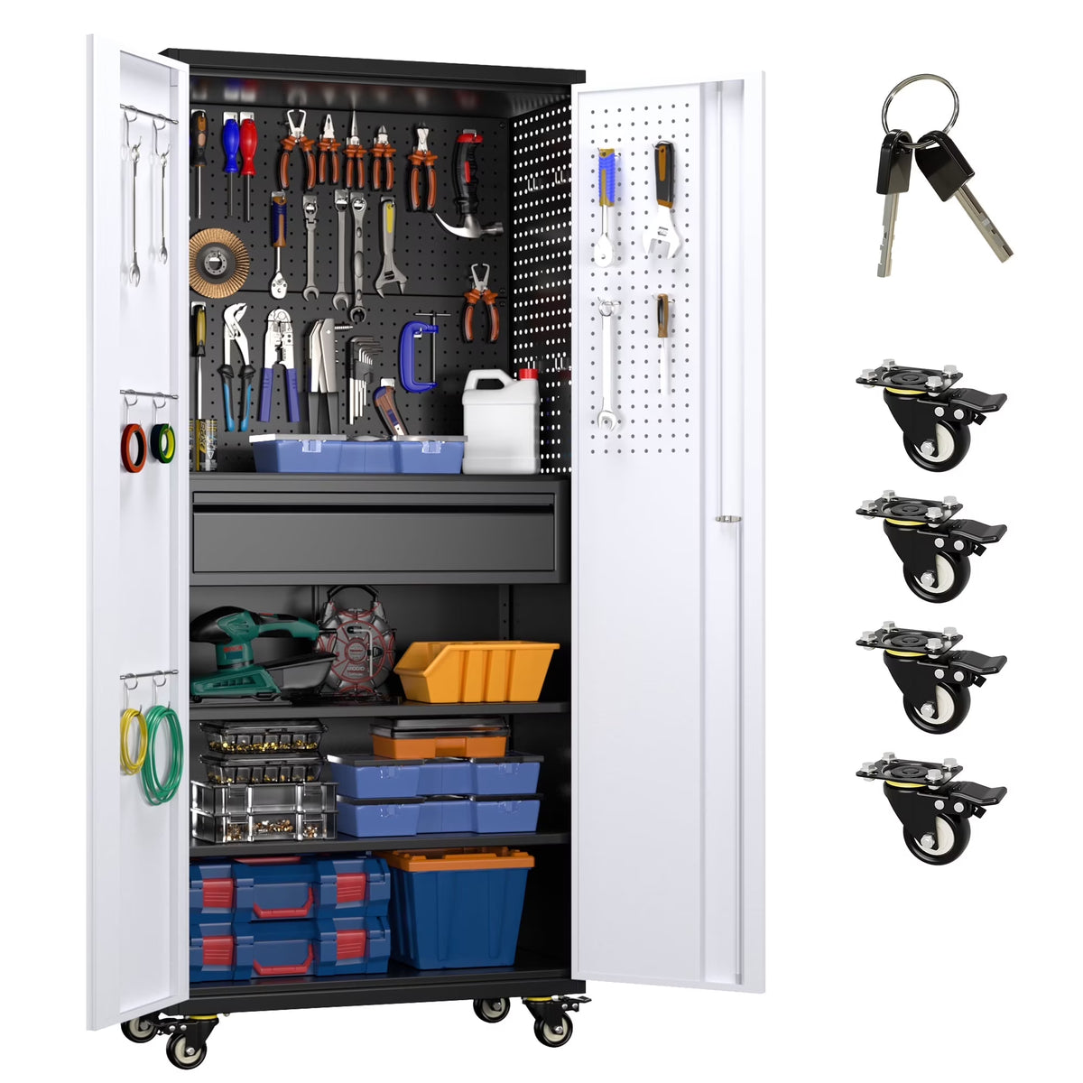 Aobabo Metal Storage Cabinet with Lock,Garage Storage Cabinet with Wheels,72In Steel Storage Cabinet for Garage Home Storage, Black Required-Assembly