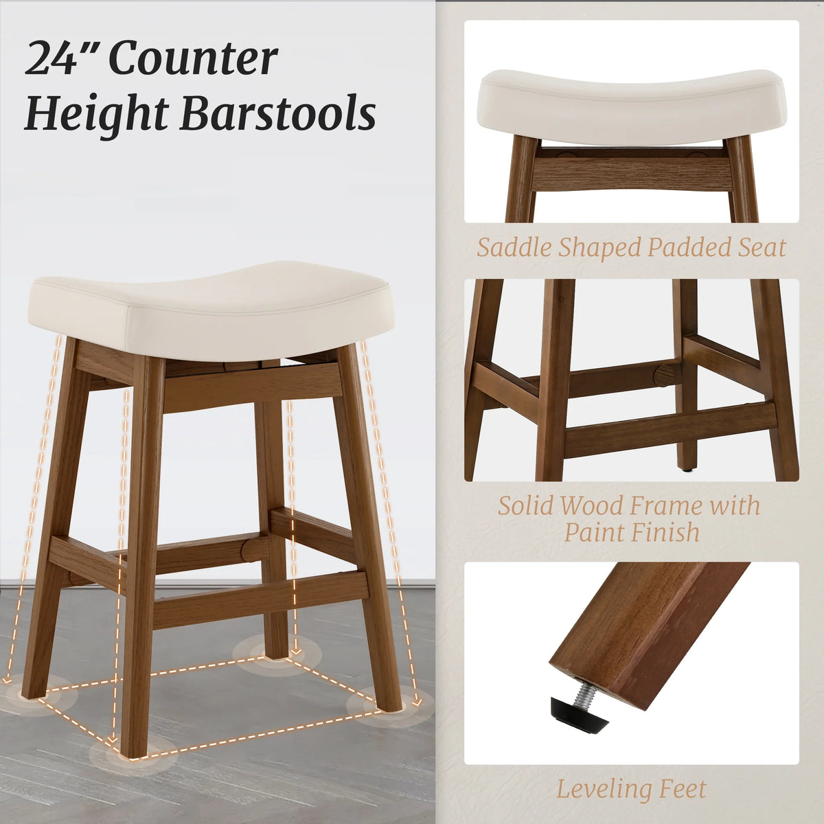 Dycanpo Saddle Seat Counter Height Bar Stools Set of 3 for Kitchen, Dining, 24in, Beige-Fabric