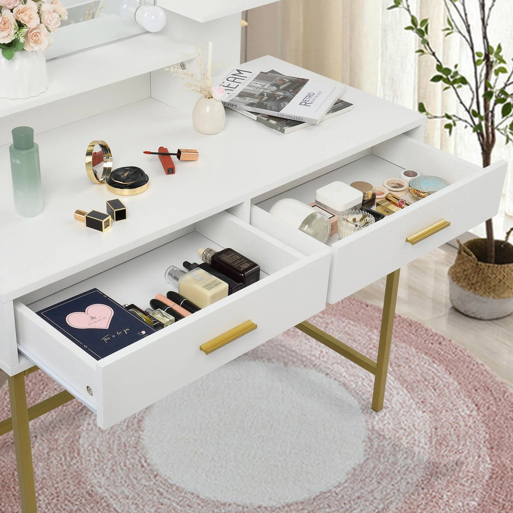 Ktaxon Lighted Makeup Vanity, White Vanity Table Set with 2 Drawer and Charging Station, Femal Gift
