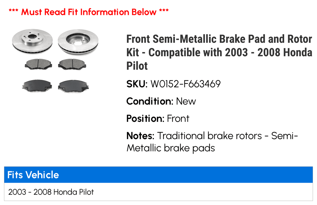 Front Semi-Metallic Brake Pad and Rotor Kit - Compatible with 2003 - 2008 Honda Pilot 2004 2005 2006 2007